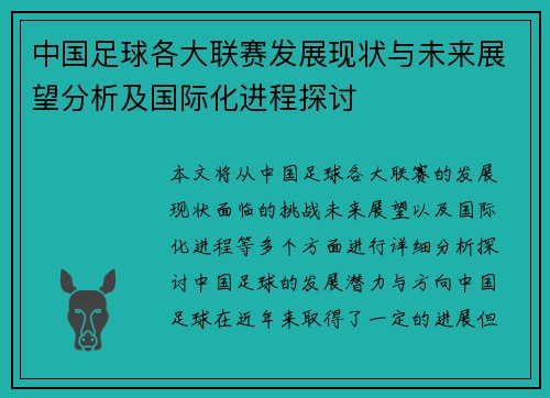 中国足球各大联赛发展现状与未来展望分析及国际化进程探讨