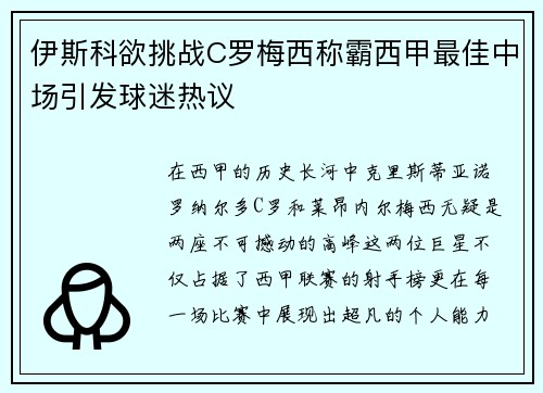 伊斯科欲挑战C罗梅西称霸西甲最佳中场引发球迷热议